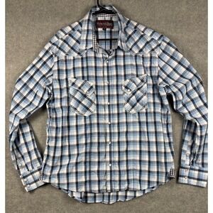 Rock & Roll Cowboy Plaid Western Snap‎ Shirt XL Blue White B2S8392